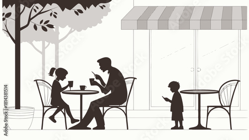 Silhouette of family at outdoor cafe with father, daughter, and son using their phones and drinking coffee