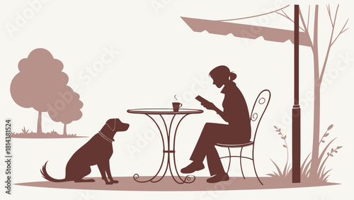 Silhouette of woman reading at cafe with dog under umbrella and trees in the background scene