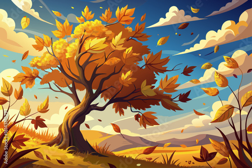 Golden autumn leaves falling from a tree against a cloudy sky, an iconic scene of the season that evokes themes of change, gratitude, nostalgia and an emotional connection with nature.