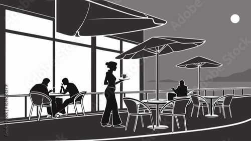 Black and white illustration of people at an outdoor cafe with umbrellas and a waiter serving coffee