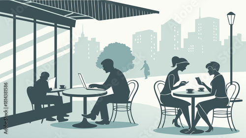 People at outdoor cafe using laptops and phones with city skyline in the background in monochrome style
