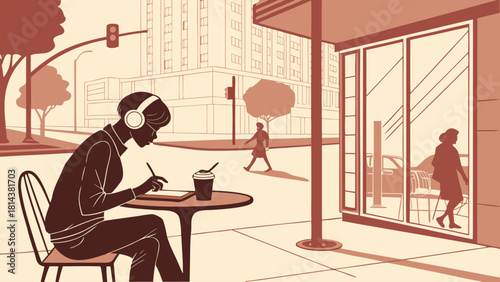 Person with headphones writing at outdoor cafe table in city with pedestrian and building view