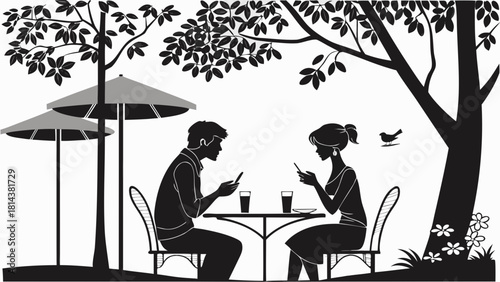 Silhouette of couple at outdoor cafe with umbrellas and tree using their mobile phones screen time