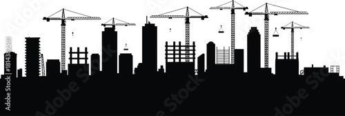 Urban skyline under construction with cranes, high-rise building silhouettes, scaffolding and suspended loads, city development, modern infrastructure growth and construction progress