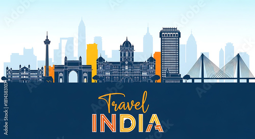 Expanded Mumbai Cityscape Vector Rendering Showcasing Signature Indian Landmarks and a Journey-Themed Skyline Design Perfect for Tourism, Heritage, and Global Travel Themes

