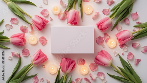 Pink Tulips and Candles Arranged Beautifully Around a Blank Box on a White Su...