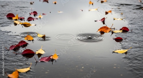 水たまりの落ち葉 静かな雨の日風景イメージ