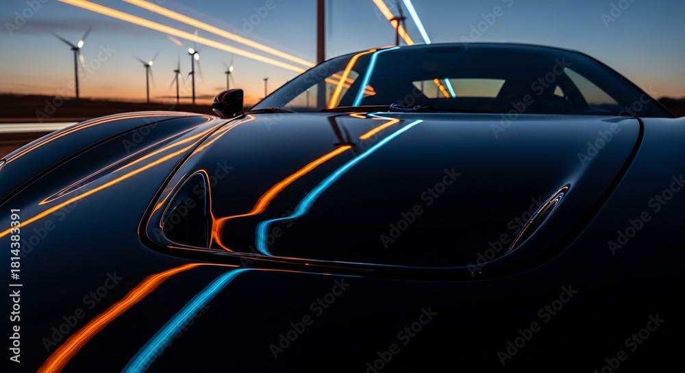 Obraz premium 黒いスポーツカー 夜の風景 反射光線 風力タービン