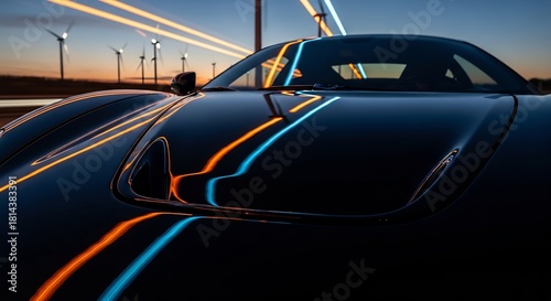 黒いスポーツカー 夜の風景 反射光線 風力タービン