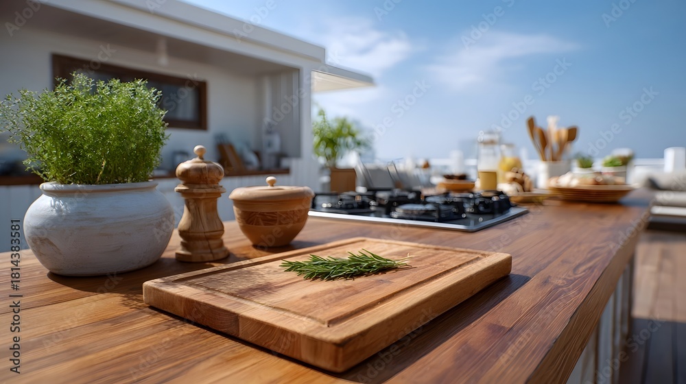 Obraz premium Outdoor kitchen counter with cooking essentials and fresh herbs bathed in sunlight