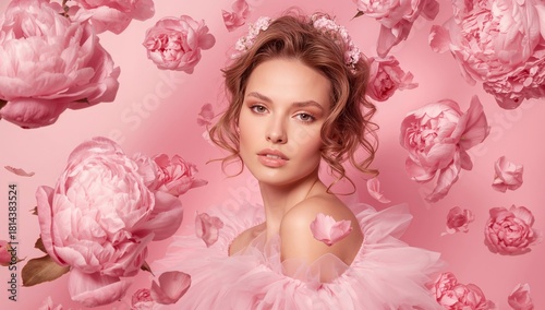 Beauty in a Pink Floral Setting With Soft Petals Surrounding the Model