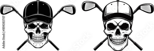 Skull Golf Logo with Crossed Clubs, Golfing skull with crossed golf clubs and a cap, golf, skull, sport, cap, clubs, Skull of golfer in cap and two golf sticks vector, skull-golf-crossed-clubs-vector