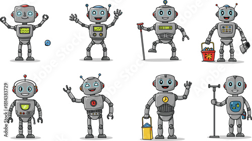 Cartoon robots vector illustration showing cute AI characters working, cleaning, playing, and performing various tasks with futuristic technology concept design