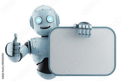 Cute blue robot holding blank rectangle board 3D