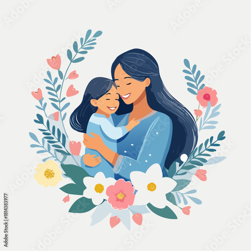 A beautiful, minimalist line art and watercolor illustration celebrating Hari Ibu Nasional. Show the silhouette of a mother holding her child, surrounded by soft floral elements