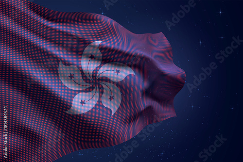 Hong Kong digital LED waving flag on dark starry background