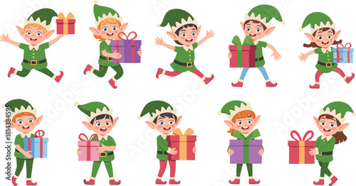 Cute cartoon Christmas elves holding gifts, festive holiday character set with joyful kids in elf costumes perfect for winter celebration illustrations