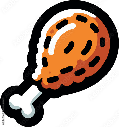 Cartoon illustration of a fried chicken leg with a bone, outlined in black.