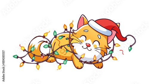 Cartoon Christmas cat tangled in blinking string lights