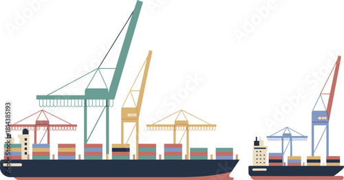 Flat design cargo port illustration with container ships, loading cranes, global shipping logistics, maritime freight transportation and import export industry concept