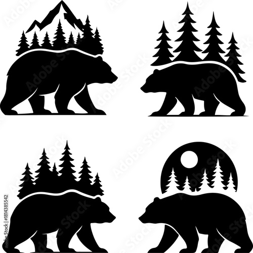 Four black bear silhouettes with mountain and forest backgrounds representing wildlife nature and outdoor adventure in a minimalist and graphic style for design projects