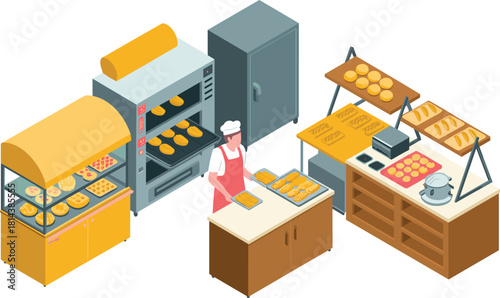 Isometric bakery interior illustration with baker preparing fresh bread, commercial oven, display shelves, baked goods production area, professional kitchen workspace