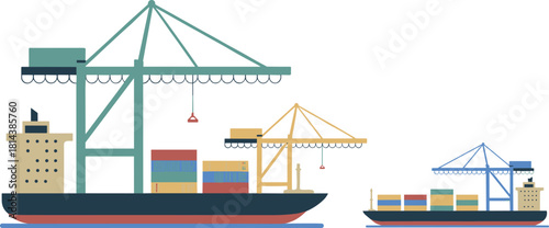 Flat design cargo port illustration with container ships, loading cranes, global shipping logistics, maritime freight transportation and import export industry concept