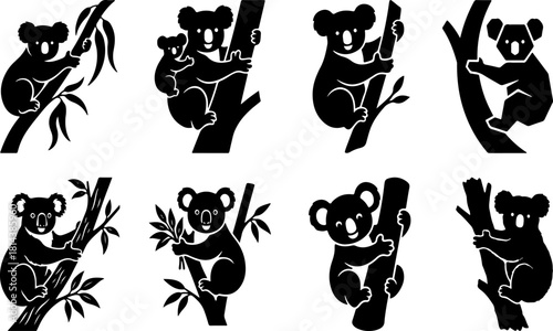 Set of koala bear silhouettes clinging to eucalyptus branches vector illustrations for wildlife conservation australian fauna and graphic design projects featuring native animals