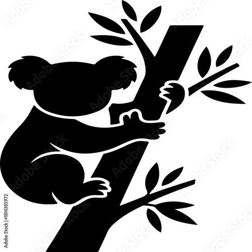 Koala silhouette on eucalyptus branch illustration minimalist black and white design for wildlife nature and australian animal themes with a clean modern aesthetic