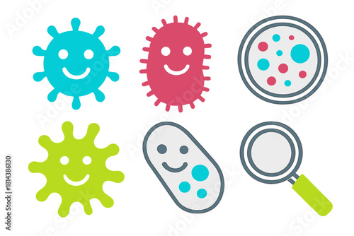Colorful set of smiling bacteria and virus icons alongside scientific research tools