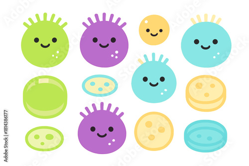 Cute cartoon germs and bacteria set with happy faces and bright colors