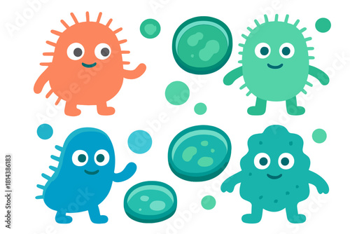 Friendly microscopic organisms and bacteria cells in various shapes and vibrant colors
