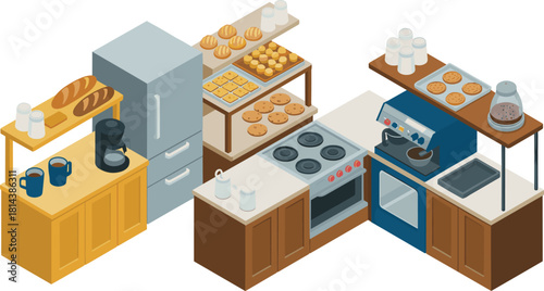 Isometric bakery kitchen illustration with oven, refrigerator, coffee maker, shelves of bread and cookies, professional baking equipment and countertop workspace