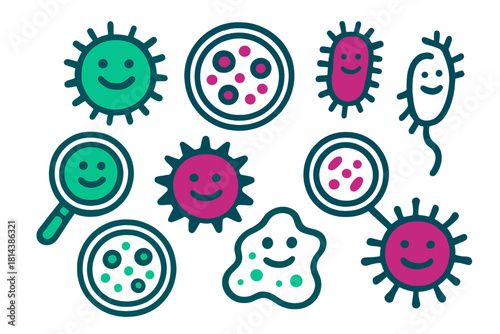 Colorful collection of smiling cartoon germs bacteria and viruses representing microbiology and health