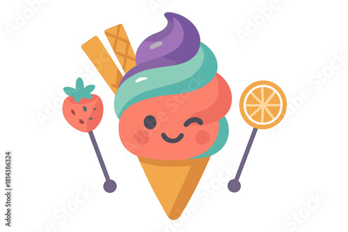 Cute winking ice cream cone character with colorful scoops, wafer sticks, and fruit lollipops