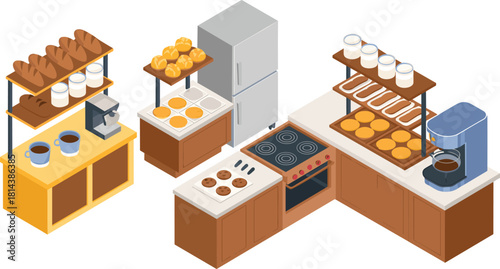Isometric bakery kitchen illustration with oven, refrigerator, coffee maker, shelves of bread and cookies, professional baking equipment and countertop workspace