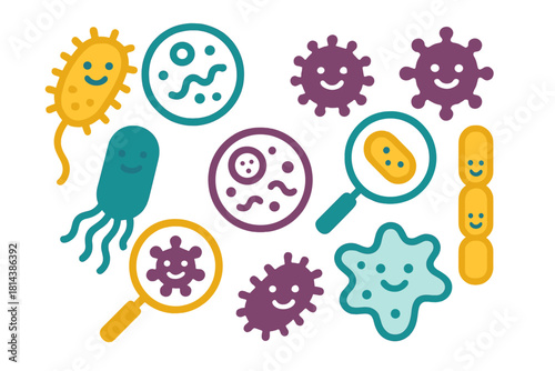 Colorful smiling microbes, germs, and bacteria characters in flat design style