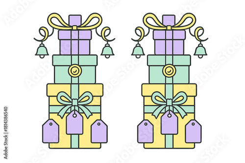 Pastel stacks of holiday gift boxes decorated with bows ribbons bells and blank tags for celebration events