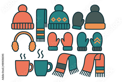 Cozy winter clothing and hot drinks set featuring hats, scarves, mittens, earmuffs, and steaming mugs