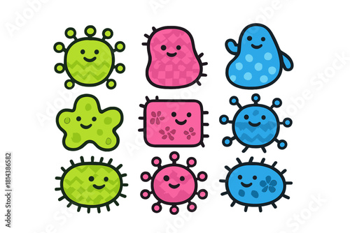 Nine colorful cartoon microbes and germs with happy faces in a grid layout