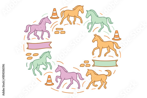 Pastel colored horses trotting around a circular arrangement of cones and ribbons for equestrian training