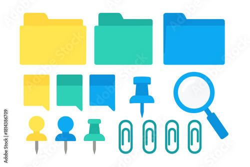 Collection of colorful flat design icons for office supplies and digital interface elements