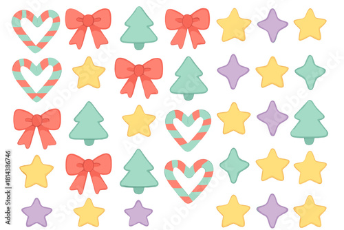 Cute pastel Christmas holiday elements seamless design with candy canes bows stars and trees