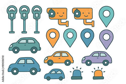 Colorful city elements collection featuring urban vehicles, parking meters, and surveillance icons