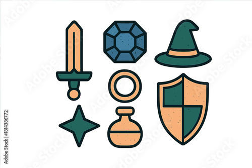 Retro fantasy adventure game assets including sword shield potion ring and wizard hat