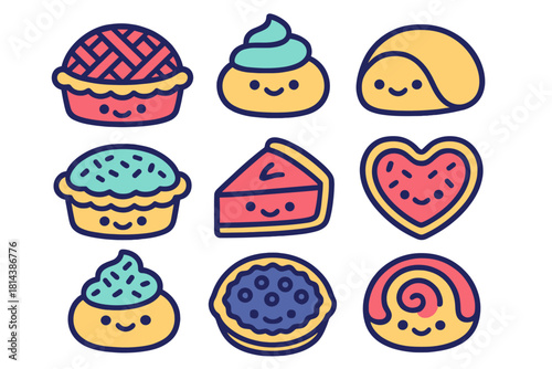 Set of nine cute smiling cartoon desserts including pie, cupcake, pastry, and cookie