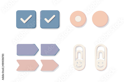 Soft textured user interface elements featuring check boxes, radio buttons, arrows, and smiling paper clips in pastel colors