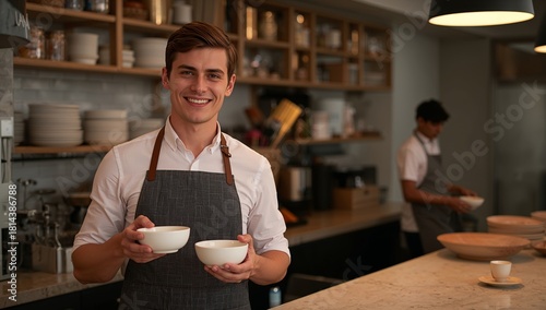 Barista Serves Customers at a Cozy Cafe in the Afternoon, Creating a Warm Atm...