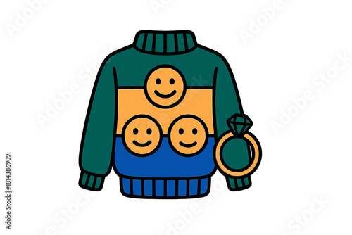 Vibrant knitted turtleneck sweater with smiley face pattern and large diamond engagement ring