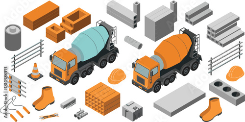 Isometric construction materials set with cement mixer trucks, building supplies, safety equipment, concrete pipes, industrial tools, detailed engineering illustration collection